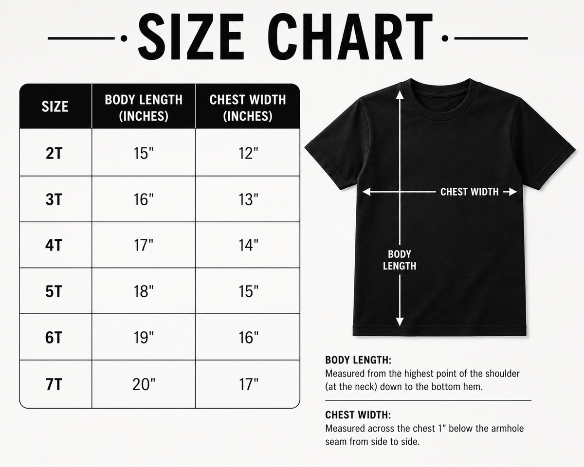 A size chart graphic for a black short-sleeve T-shirt, showing a size table from 2T to 7T with body length and chest width measurements in inches, alongside a labeled black shirt illustration with arrows marking body length and chest width.